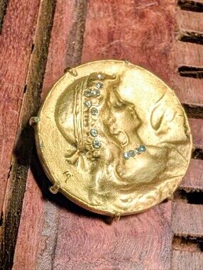 ALVA DVB Gold-Tone Coin Brooch with Clear Crystal Accents Signed